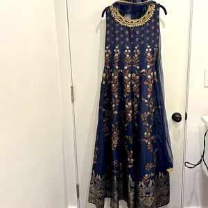Navy blue anarkali (Indian) gown with dupatta.